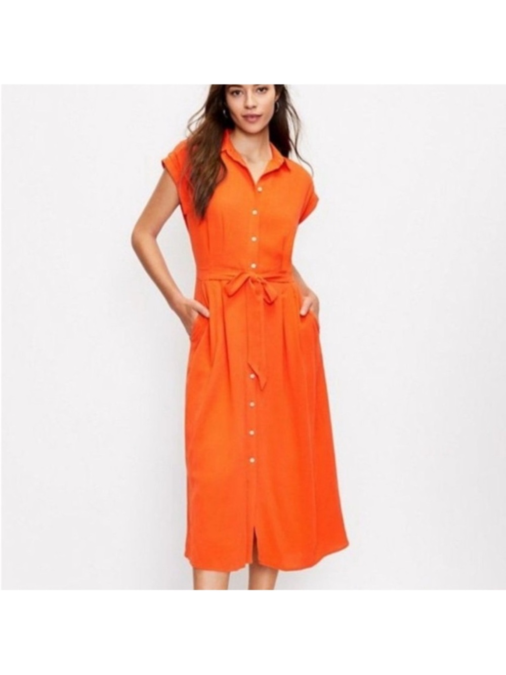 LOFT Orange Button-Front Midi Shirt Dress with Tie Waist